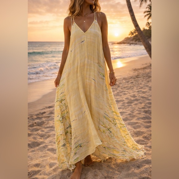 Dresses & Skirts - Yellow Floral Maxi Dress Size L Boho Beach Flowy Sundress Summer 😍😎